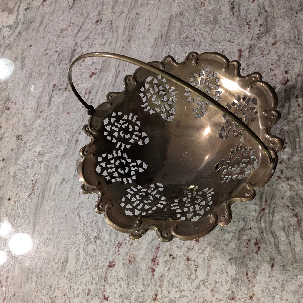 Vintage Brass Decorative Bowl Basket With Handle Victorian Pedestal